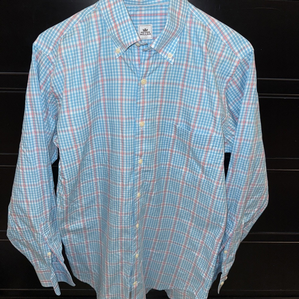 Peter Millar Blue and Pink Plaid Casual Button Down Shirt